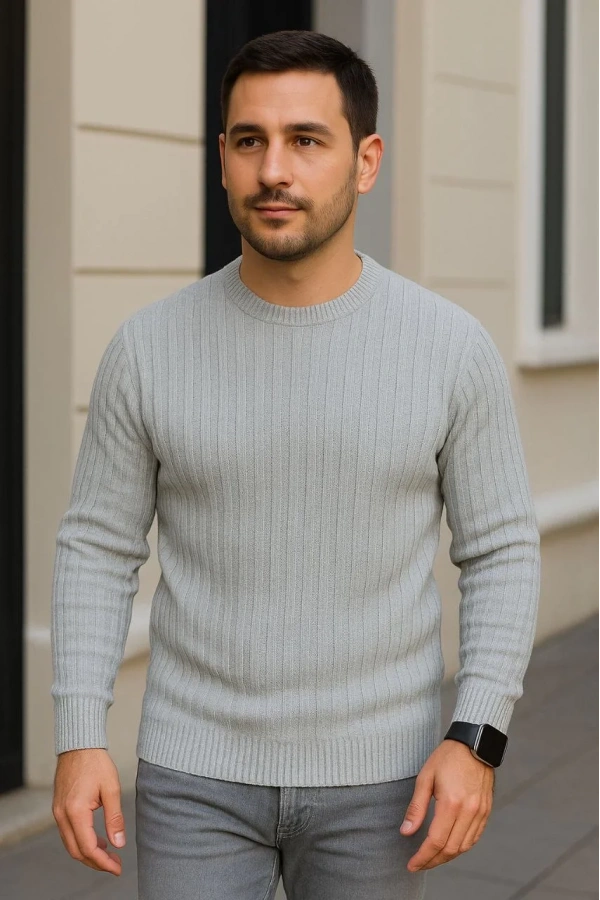 Erkek Bisiklet Yuvarlak Yaka Triko Kazak Pamuklu Kalın Fitilli Dokuma, Regular Fit Uzun Kollu Kışlık Model - Gri