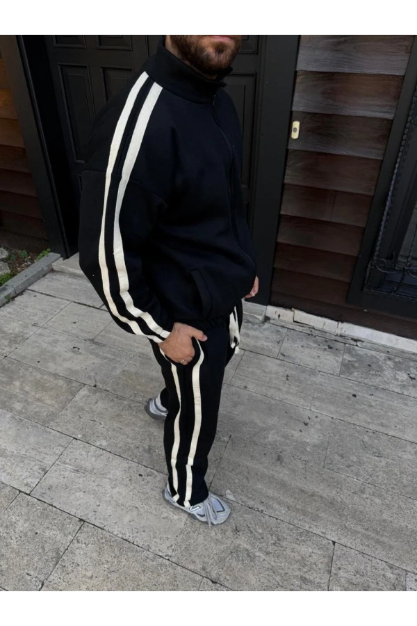Erkek Çift Şeritli Eşofman Takım Dik Yaka Fermuarlı Sweatshirt Boru Paça Alt, Oversize 3 iplik Pamuklu - Siyah