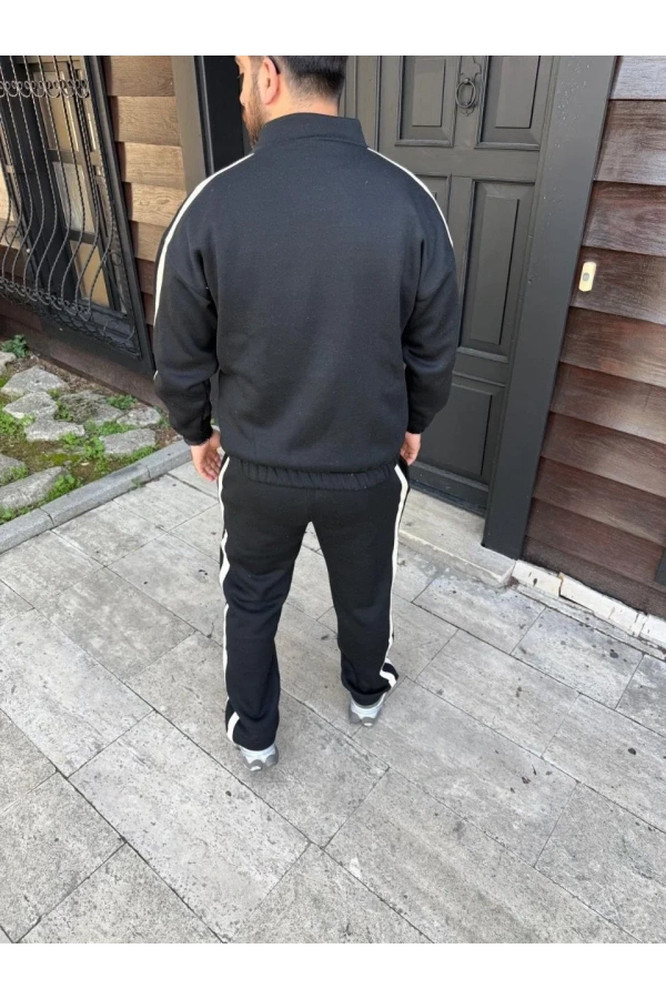 Erkek Çift Şeritli Eşofman Takım Dik Yaka Fermuarlı Sweatshirt Boru Paça Alt, Oversize 3 iplik Pamuklu - Siyah