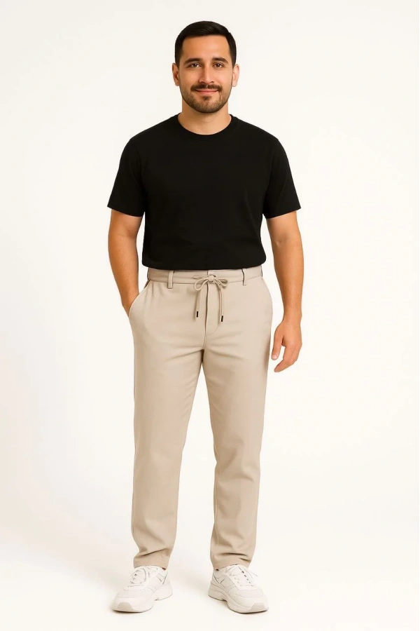 Erkek Diagonel Mikro dokulu Cepli Pantolon - Bej