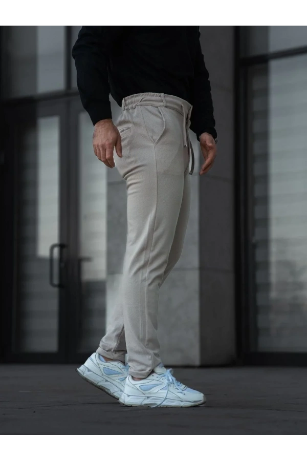 Erkek Diagonel Mikro dokulu Cepli Pantolon - Bej