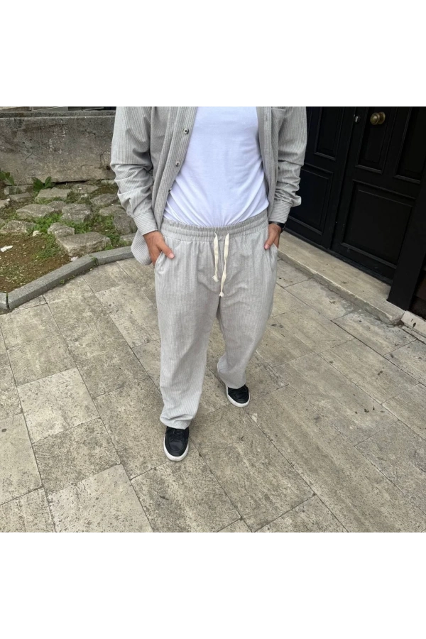 Erkek Fitilli Kadife Cepli Buggy Pantolon Oversize Rahat Kalıp - Gri