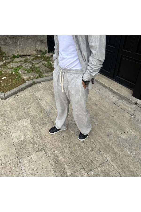 Erkek Fitilli Kadife Cepli Buggy Pantolon Oversize Rahat Kalıp - Gri