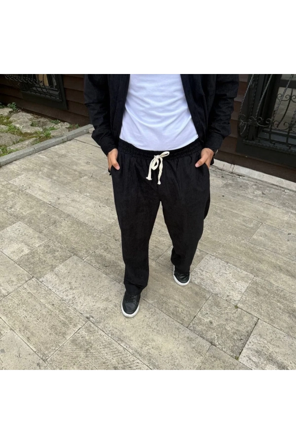 Erkek Fitilli Kadife Cepli Buggy Pantolon Oversize Rahat Kalıp - Siyah