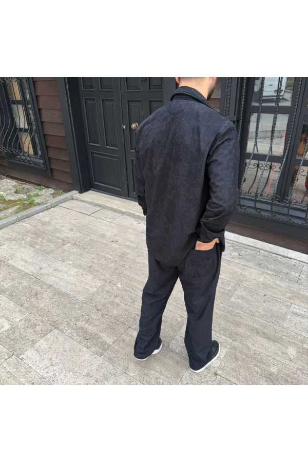 Erkek Fitilli Kadife Cepli Buggy Pantolon Oversize Rahat Kalıp - Siyah