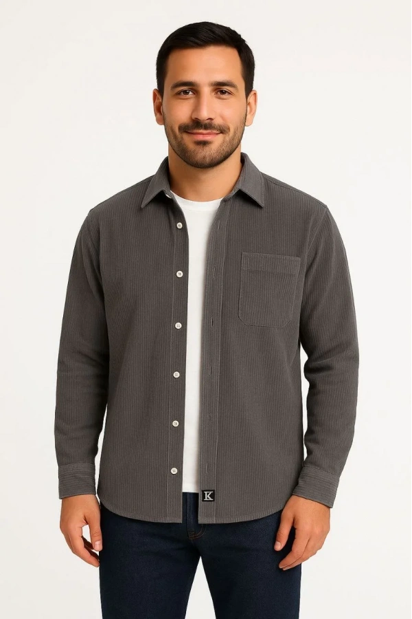 Erkek Fitilli Kadife Cepli Gömlek Oversize Rahat Kalıp - Füme