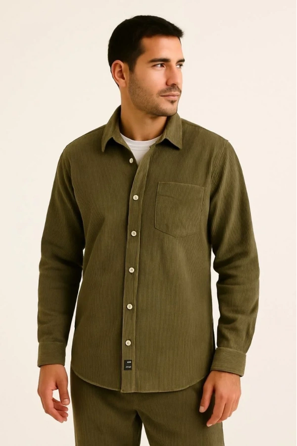 Erkek Fitilli Kadife Cepli Gömlek Oversize Rahat Kalıp - Haki