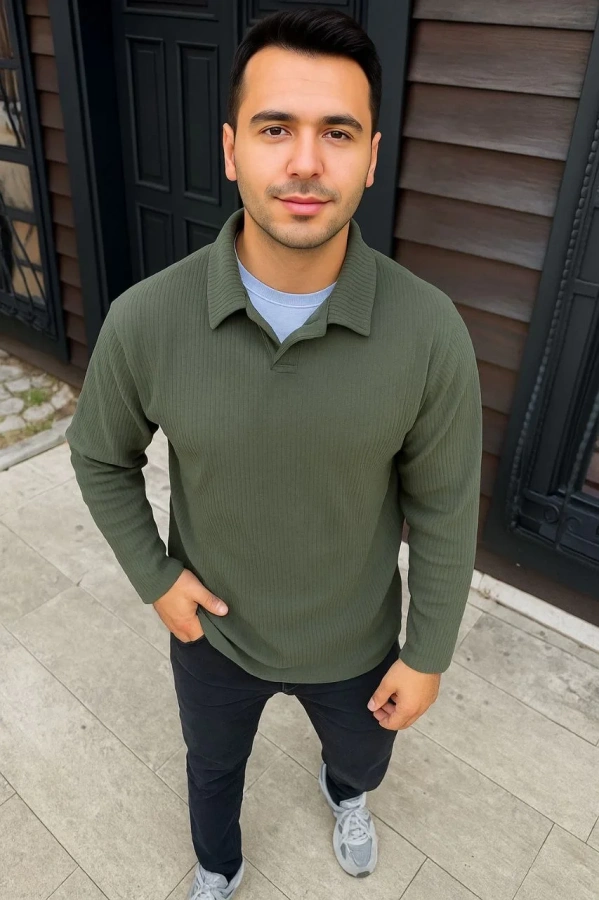 Erkek Fitilli Polar Sweatshirt – Düğmesiz Polo Yaka, Oversize Rahat Kalıp, Kalın Polar Kumaş, Kışlık ve Baharlık Şık Günlük Üst - Haki
