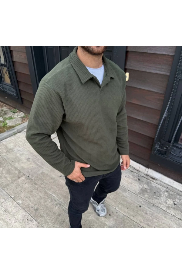 Erkek Fitilli Polar Sweatshirt – Düğmesiz Polo Yaka, Oversize Rahat Kalıp, Kalın Polar Kumaş, Kışlık ve Baharlık Şık Günlük Üst - Haki