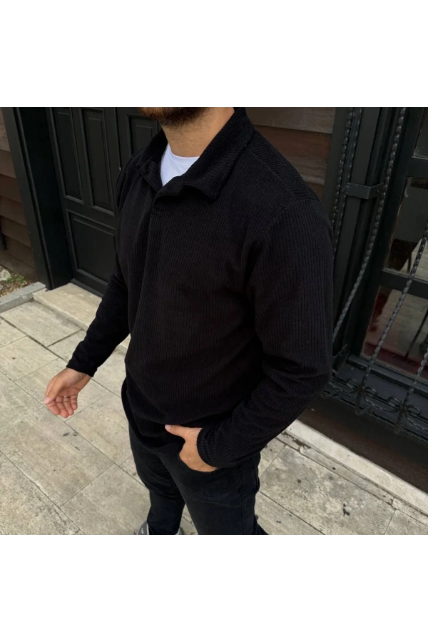 Erkek Fitilli Polar Sweatshirt – Düğmesiz Polo Yaka, Oversize Rahat Kalıp, Kalın Polar Kumaş, Kışlık ve Baharlık Şık Günlük Üst - Siyah