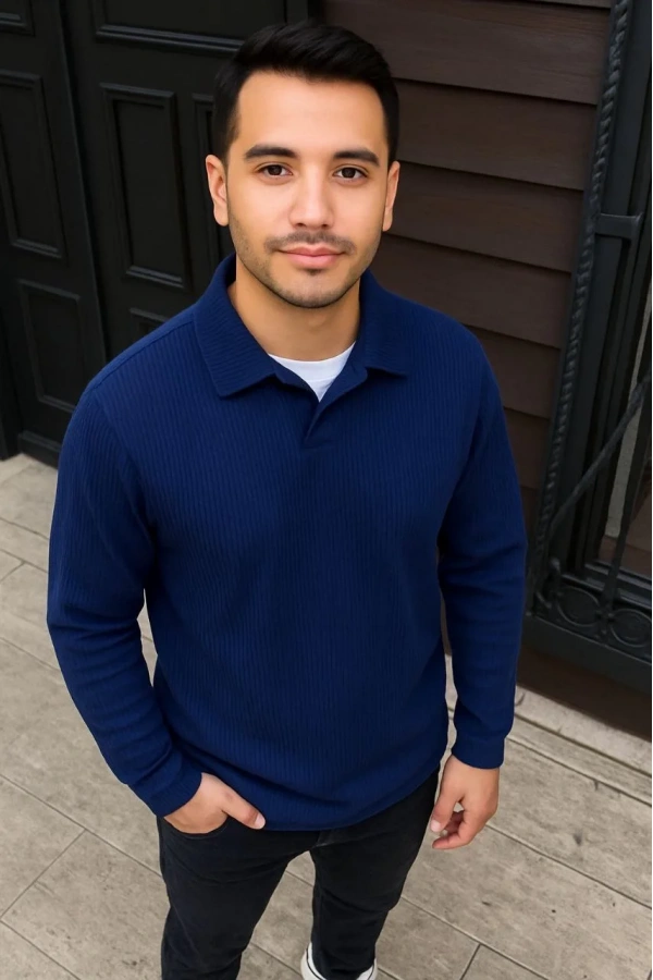 Erkek Fitilli Polar Sweatshirt – Düğmesiz Polo Yaka, Oversize Rahat Kalıp, Kalın Polar Kumaş, Kışlık ve Baharlık Şık Günlük Üst - Lacivert