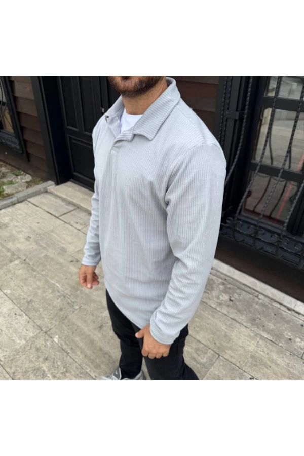 Erkek Fitilli Polar Sweatshirt – Düğmesiz Polo Yaka, Oversize Rahat Kalıp, Kalın Polar Kumaş, Kışlık ve Baharlık Şık Günlük Üst - Gri