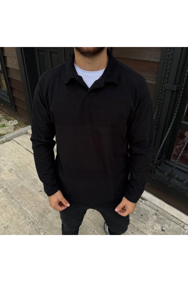 Erkek Fitilli Polar Sweatshirt – Düğmesiz Polo Yaka, Oversize Rahat Kalıp, Kalın Polar Kumaş, Kışlık ve Baharlık Şık Günlük Üst - Siyah