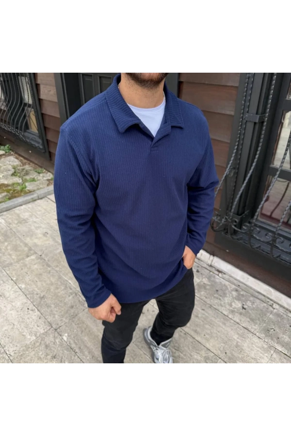Erkek Fitilli Polar Sweatshirt – Düğmesiz Polo Yaka, Oversize Rahat Kalıp, Kalın Polar Kumaş, Kışlık ve Baharlık Şık Günlük Üst - Lacivert