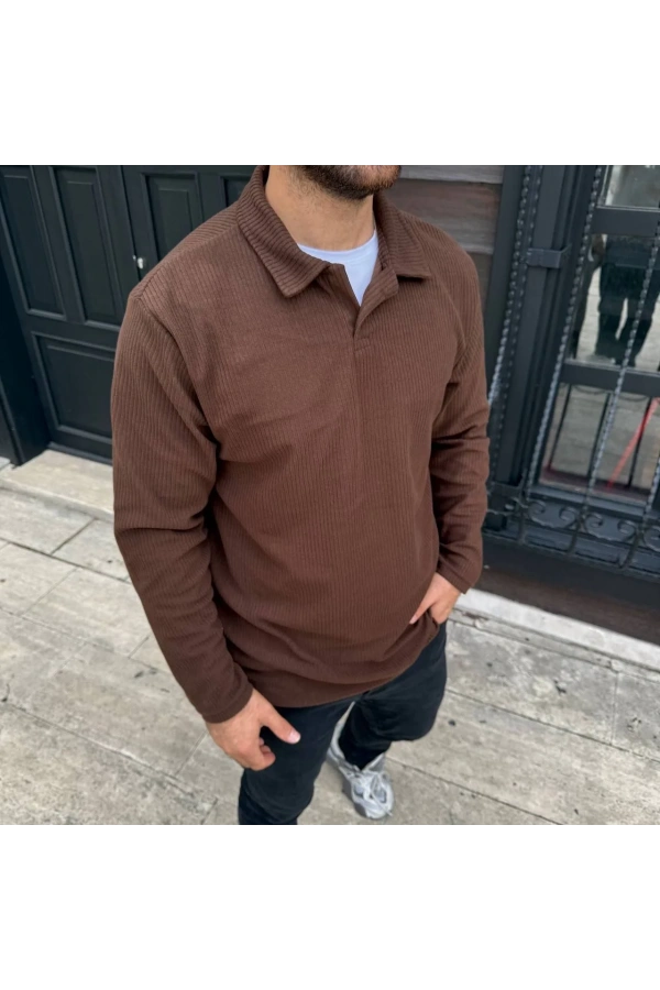 Erkek Fitilli Polar Sweatshirt – Düğmesiz Polo Yaka, Oversize Rahat Kalıp, Kalın Polar Kumaş, Kışlık ve Baharlık Şık Günlük Üst - Kahverengi