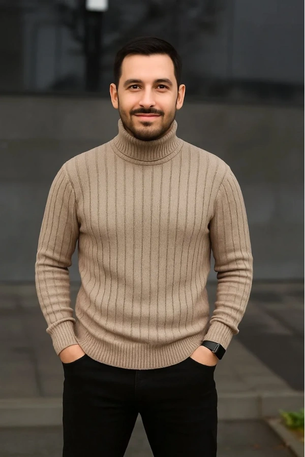 Erkek Fitilli Triko Kazak 2li Set Bej Siyah Regular Balıkcı Yaka Tam Boğazlı Triko Seti Modeli Kazak