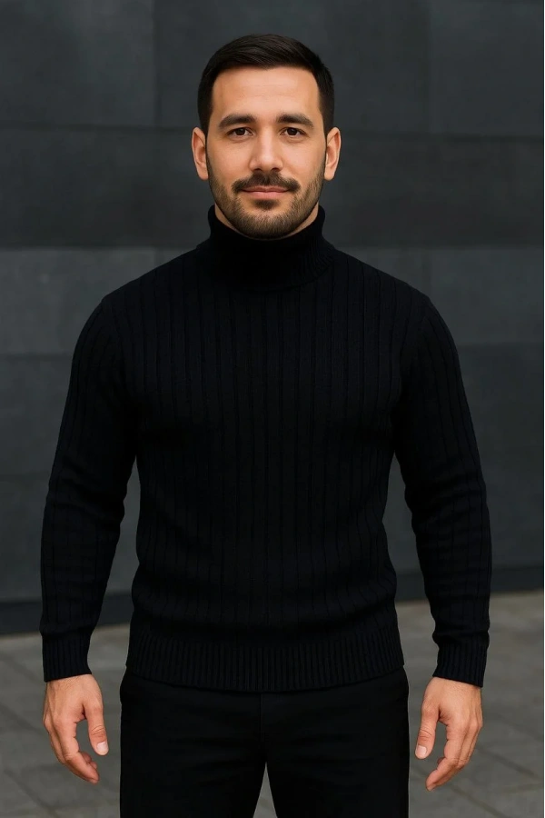 Erkek Fitilli Triko Kazak 2li Set Bej Siyah Regular Balıkcı Yaka Tam Boğazlı Triko Seti Modeli Kazak