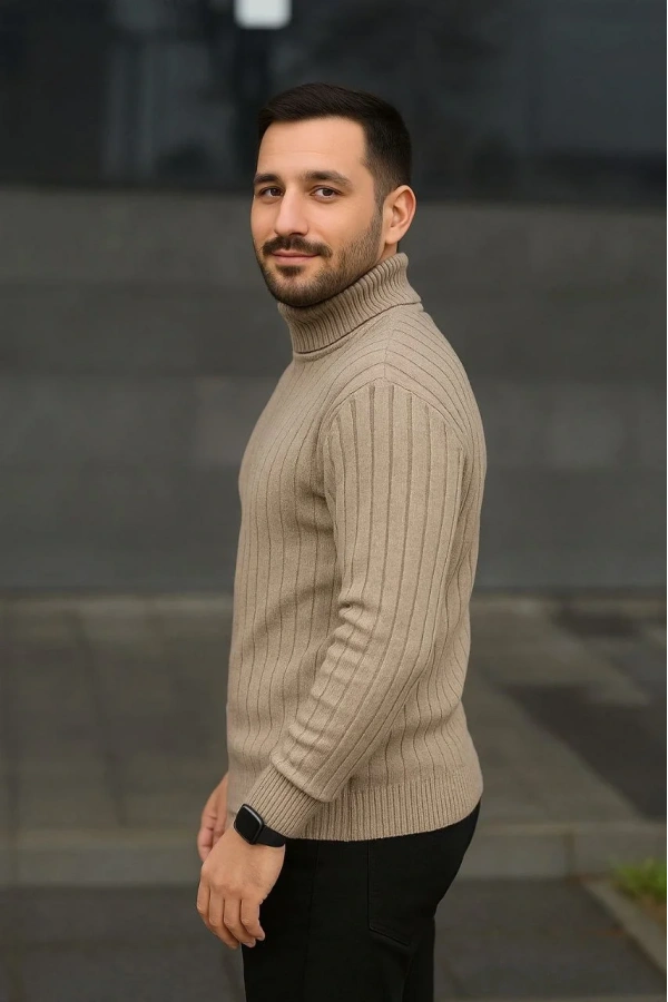 Erkek Fitilli Triko Kazak 2li Set Bej Siyah Regular Balıkcı Yaka Tam Boğazlı Triko Seti Modeli Kazak