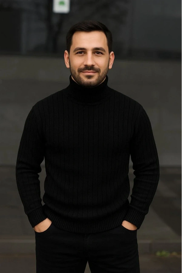 Erkek Fitilli Triko Kazak 2li Set Bej Siyah Regular Balıkcı Yaka Tam Boğazlı Triko Seti Modeli Kazak