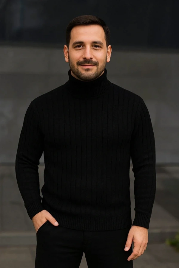 Erkek Fitilli Triko Kazak 2li Set Bej Siyah Regular Balıkcı Yaka Tam Boğazlı Triko Seti Modeli Kazak