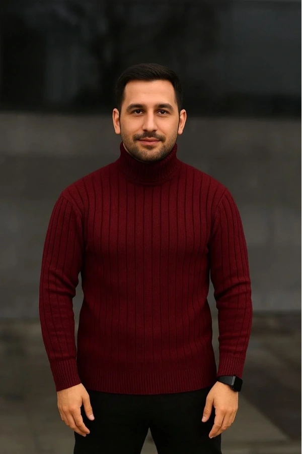 Erkek Fitilli Triko Kazak 2li Set Bordo Siyah Regular Balıkcı Yaka Tam Boğazlı Triko Seti Modeli Kazak