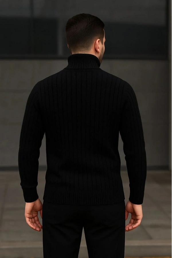 Erkek Fitilli Triko Kazak 2li Set Bordo Siyah Regular Balıkcı Yaka Tam Boğazlı Triko Seti Modeli Kazak