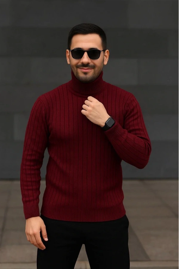 Erkek Fitilli Triko Kazak 2li Set Bordo Siyah Regular Balıkcı Yaka Tam Boğazlı Triko Seti Modeli Kazak
