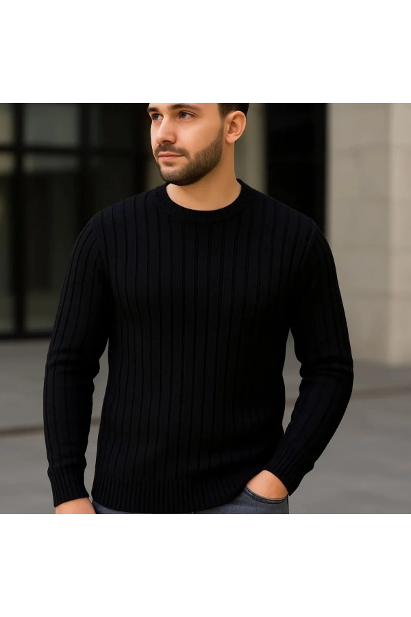 Erkek Fitilli Triko Kazak 2’li Set – Siyah & Gri, Kalın Dokuma Pamuklu Regular Fit Bisiklet Yaka Uzun Kollu Rahat Kışlık Kazak Kombini