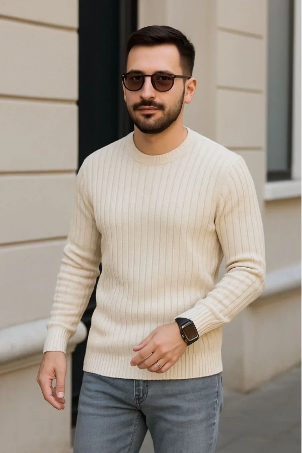 Erkek Fitilli Triko Kazak 3lü Set Bej Gri Siyah Regular Fit Bisiklet Yaka Triko Seti Kazak Modeli