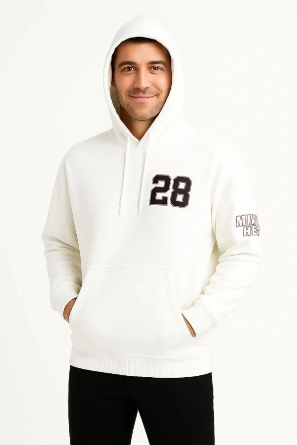 Erkek Kapşonlu Sweatshirt – Üç İplik Şardonlu Kumaş, Oversize Fit, Ön & Arka Baskılı, Kanguru Cepli, Kışlık Rahat Hoodie - Beyaz