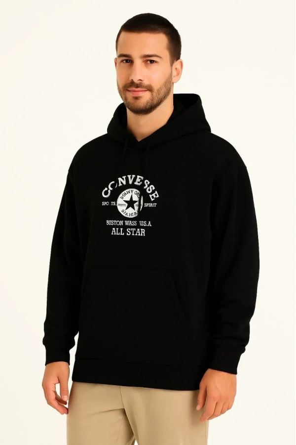Erkek Kapşonlu Sweatshirt – Üç İplik Şardonlu Kumaş, Oversize Fit, Ön & Arka Baskılı, Kanguru Cepli, Kışlık Rahat Hoodie- Siyah