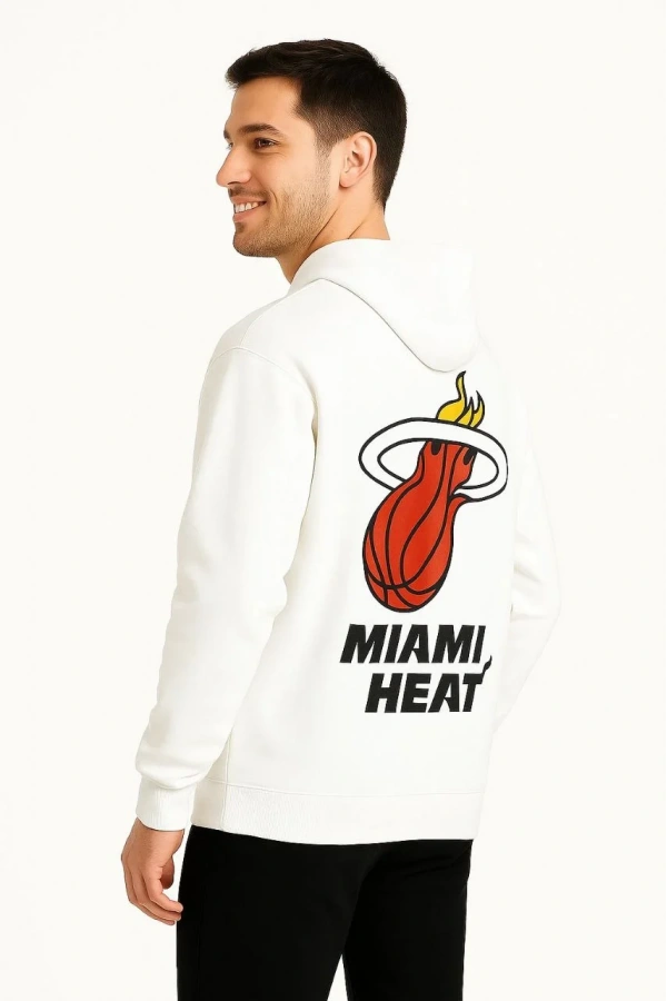 Erkek Kapşonlu Sweatshirt – Üç İplik Şardonlu Kumaş, Oversize Fit, Ön & Arka Baskılı, Kanguru Cepli, Kışlık Rahat Hoodie - Beyaz