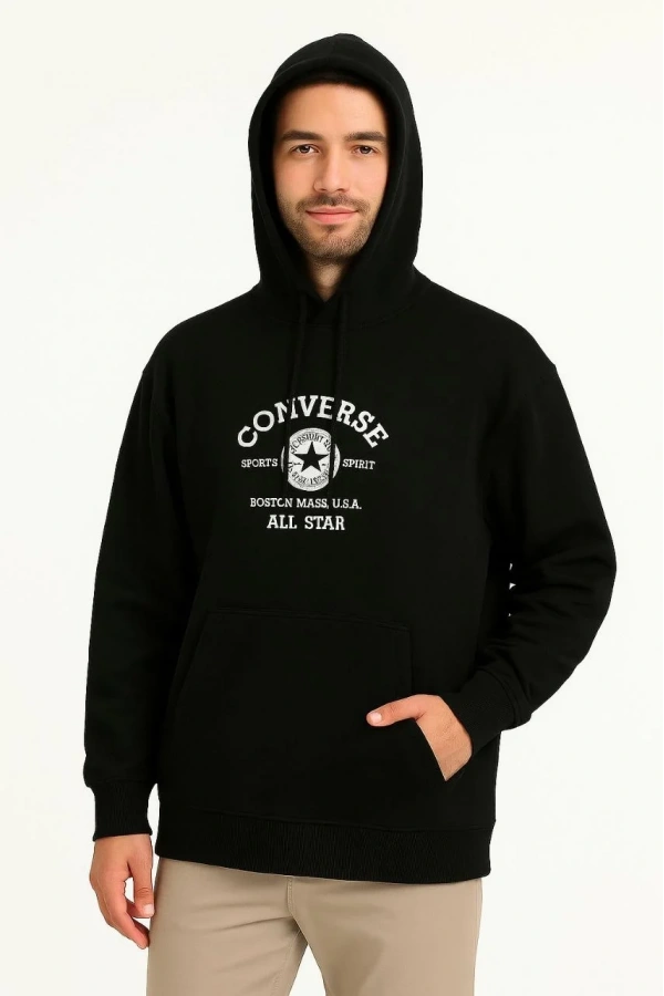Erkek Kapşonlu Sweatshirt – Üç İplik Şardonlu Kumaş, Oversize Fit, Ön & Arka Baskılı, Kanguru Cepli, Kışlık Rahat Hoodie- Siyah