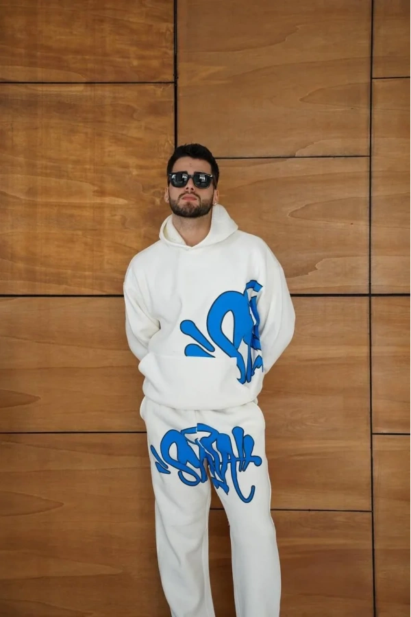 Erkek Kapüşonlu Eşofman Takım Graffiti Baskılı  Oversize Rahat Kalıp, Kanguru Cepli, Streetwear Tarzında Premium Ürün 3 iplik Pamuklu - Beyaz
