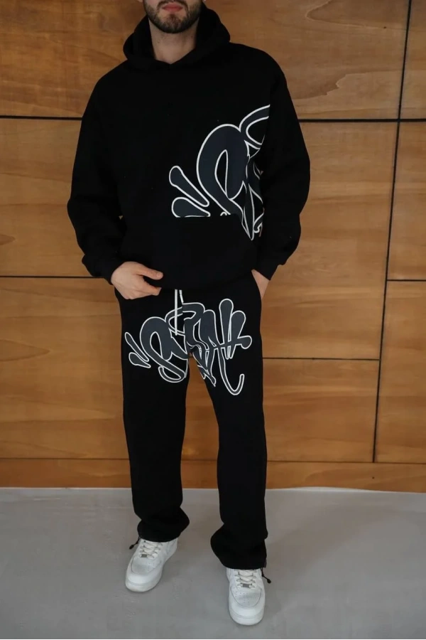 Erkek Kapüşonlu Eşofman Takım Graffiti Baskılı Oversize Rahat Kalıp, Kanguru Cepli, Streetwear Tarzında Premium Ürün 3 iplik Pamuklu - Siyah