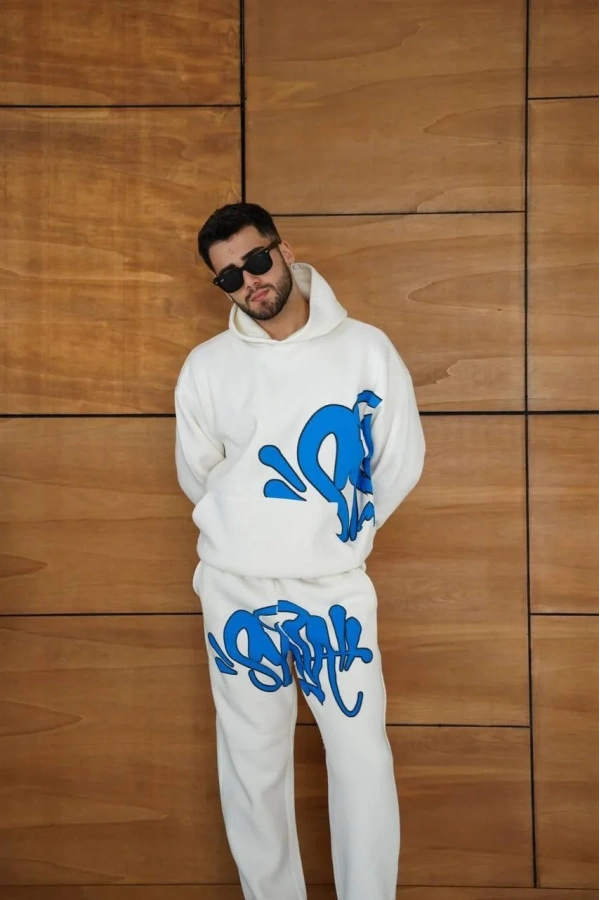Erkek Kapüşonlu Eşofman Takım Graffiti Baskılı  Oversize Rahat Kalıp, Kanguru Cepli, Streetwear Tarzında Premium Ürün 3 iplik Pamuklu - Beyaz