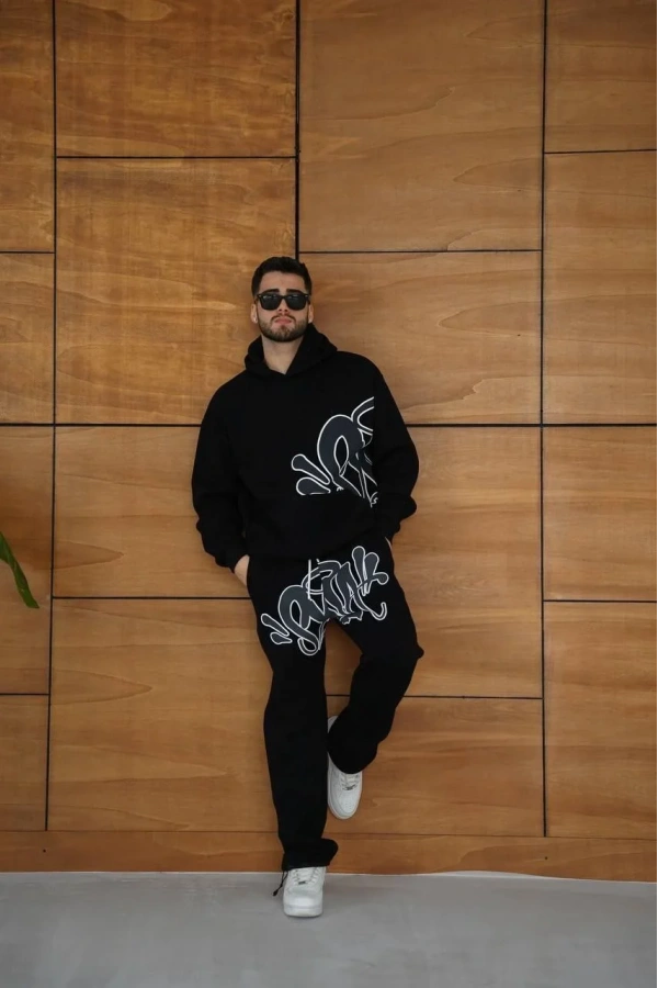 Erkek Kapüşonlu Eşofman Takım Graffiti Baskılı Oversize Rahat Kalıp, Kanguru Cepli, Streetwear Tarzında Premium Ürün 3 iplik Pamuklu - Siyah