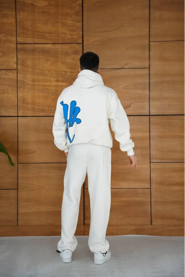Erkek Kapüşonlu Eşofman Takım Graffiti Baskılı  Oversize Rahat Kalıp, Kanguru Cepli, Streetwear Tarzında Premium Ürün 3 iplik Pamuklu - Beyaz