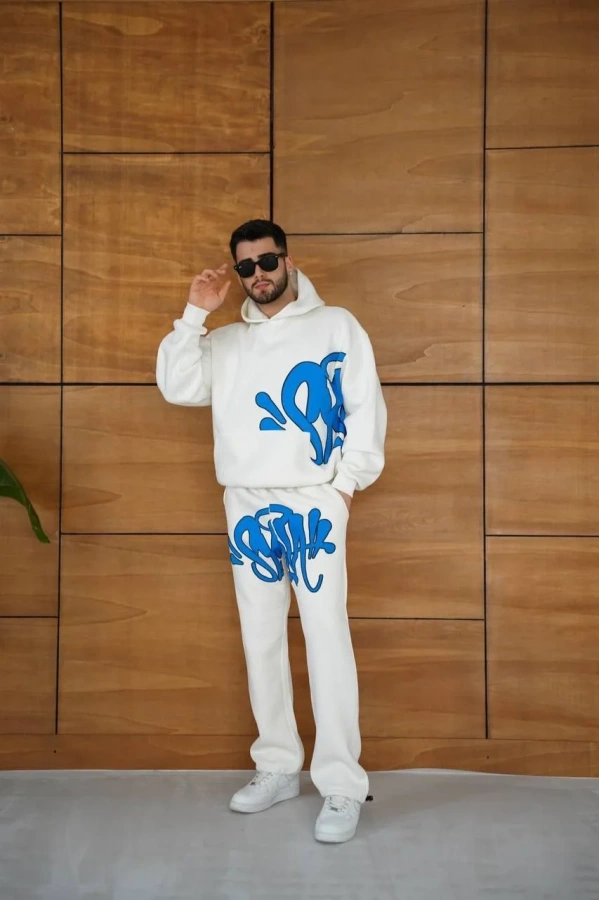 Erkek Kapüşonlu Eşofman Takım Graffiti Baskılı  Oversize Rahat Kalıp, Kanguru Cepli, Streetwear Tarzında Premium Ürün 3 iplik Pamuklu - Beyaz