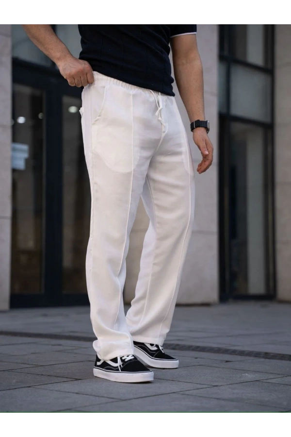 Erkek Keten Cepli Çıma Dikişli jogger Buggy Pantalon Rahat kalıp - Beyaz