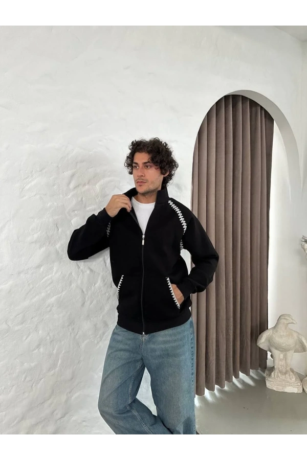 Erkek Oversize Dik Yaka Fermuarlı Sweatshirt - Zincir Nakışli Kanguru Cepli - Siyah