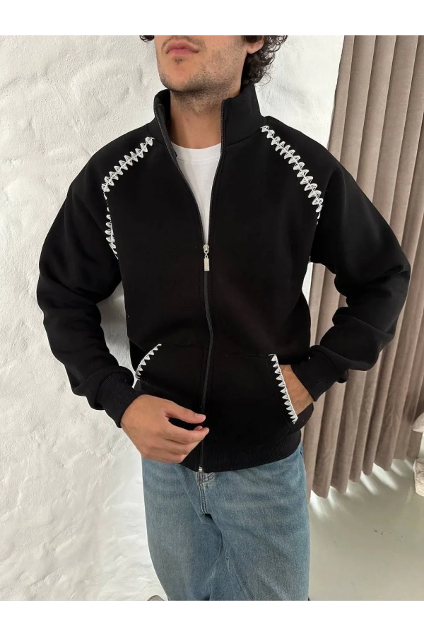 Erkek Oversize Dik Yaka Fermuarlı Sweatshirt - Zincir Nakışli Kanguru Cepli - Siyah