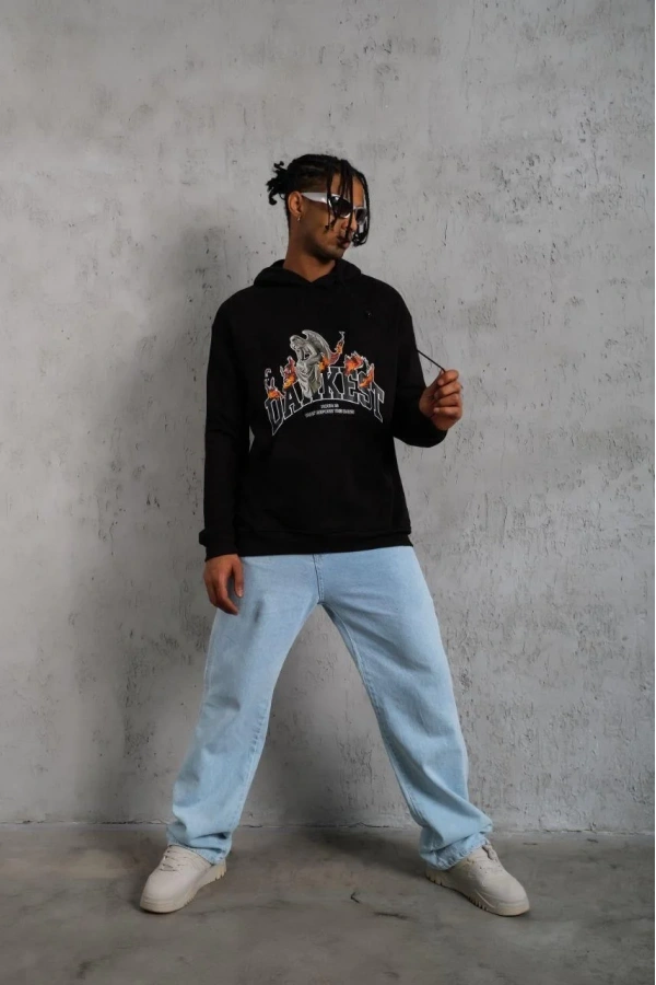 Erkek Oversize Kapüşonlu Sweatshirt – Siyah Renk Üç İplik İçi Pamuklu Kanguru Cepli Baskılı Hoodie Rahat Kalıp Kışlık Günlük Kombinlere Uygun - Siyah