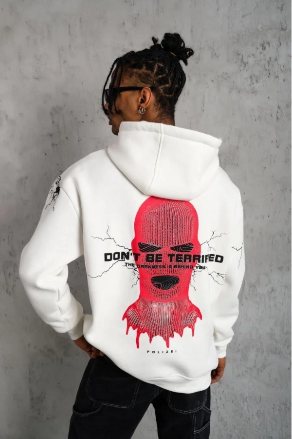 Erkek Oversize Üç İplik Kapüşonlu Sweatshirt – “Don’t Be Terrified” Ön, Sırt ve Kol Baskılı, Kanguru Cepli, Ribanalı Rahat Model - Beyaz