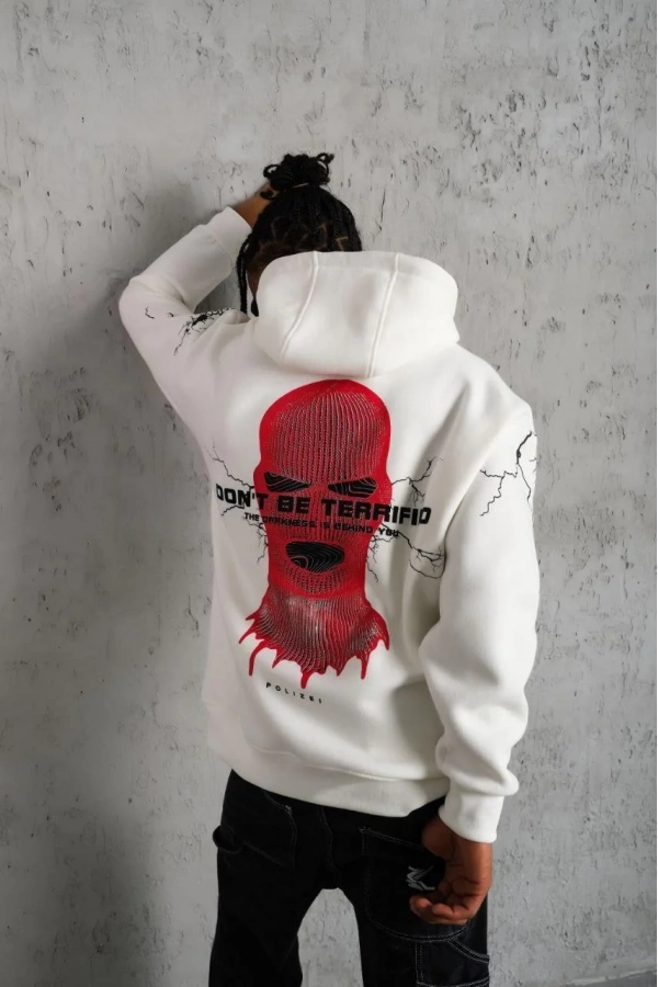 Erkek Oversize Üç İplik Kapüşonlu Sweatshirt – “Don’t Be Terrified” Ön, Sırt ve Kol Baskılı, Kanguru Cepli, Ribanalı Rahat Model - Beyaz
