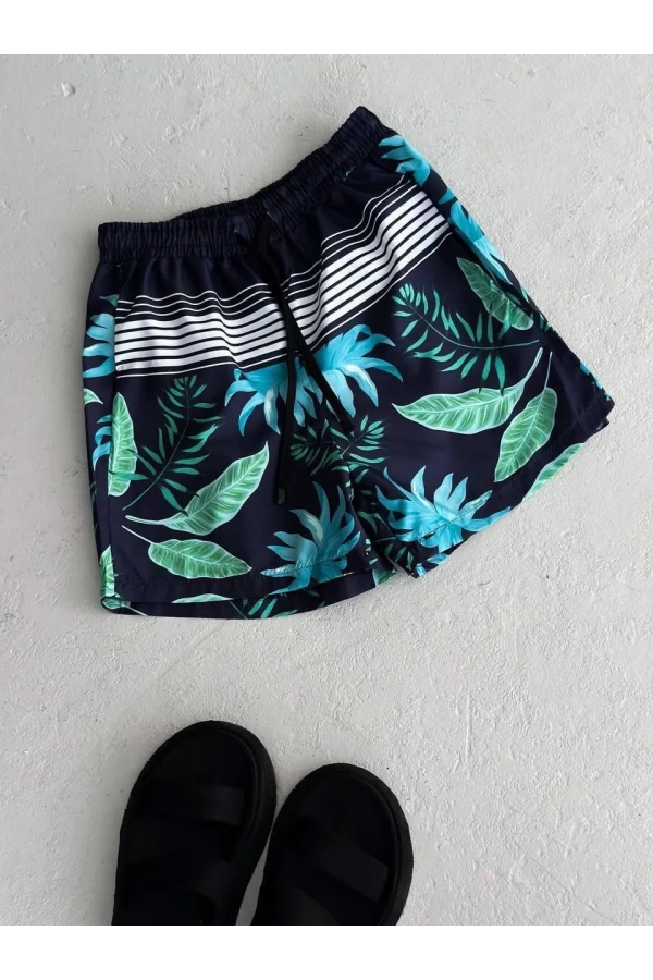 Erkek Palmiye Desenli Deniz Cepli Şort - Mavi