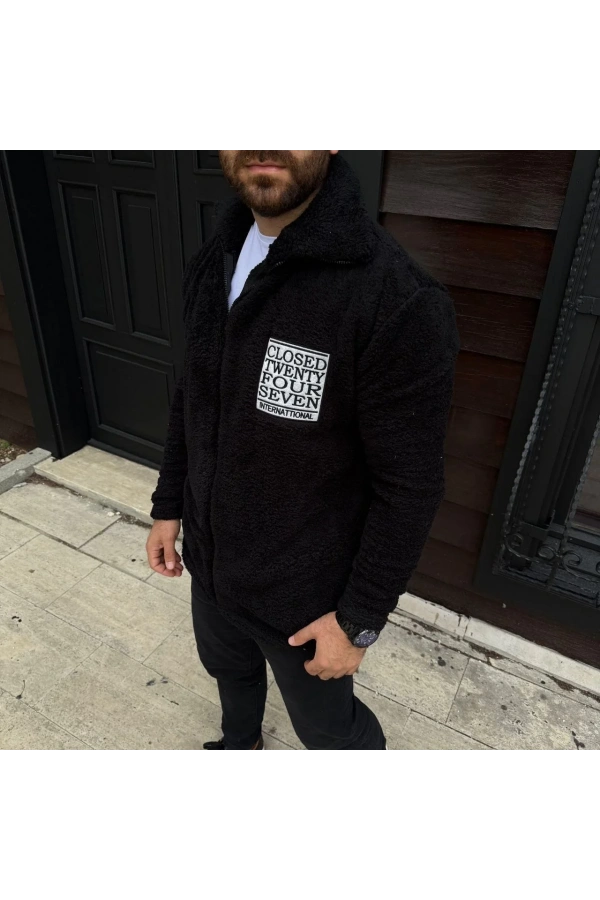 Erkek Polar Fermuarlı Sweatshirt – Kapüşonsuz, Cepli, Yumuşak Dokulu, Oversize Rahat Kalıp, Kışlık Sıcak Tutan Fermuarlı Üst - Siyah