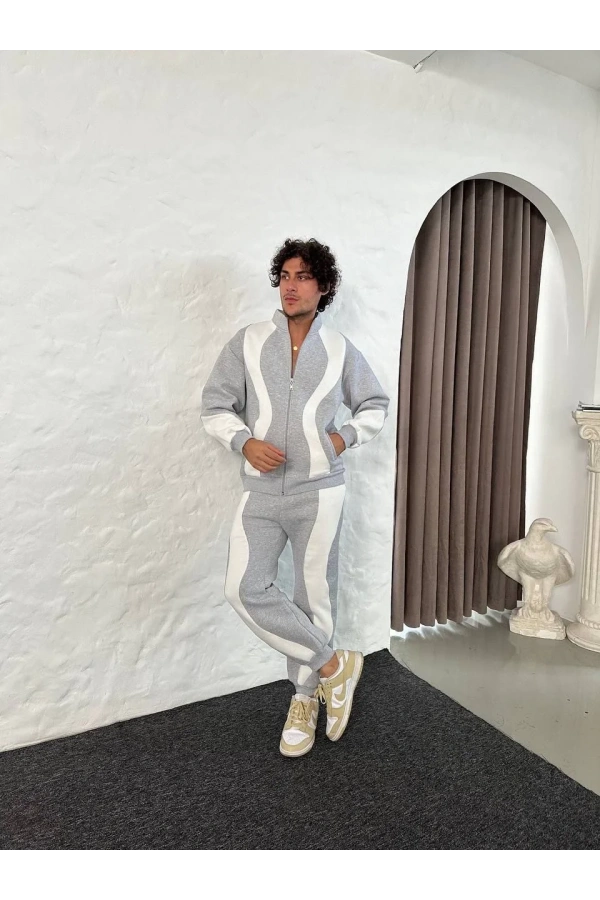 Erkek Premium Parçalı Eşofman Takım - Dik Yaka Fermuarlı Sweatshirt, - Gri