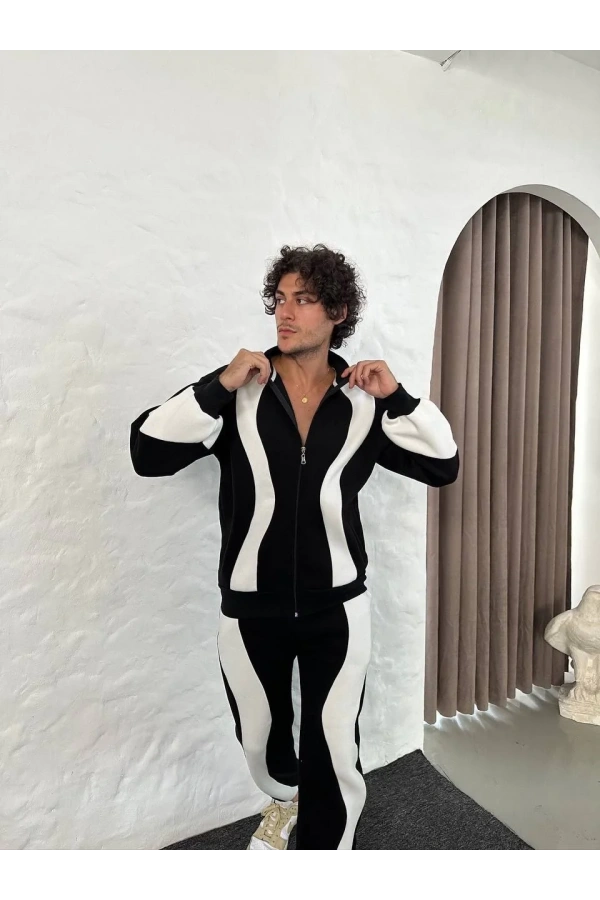 Erkek Premium Parçalı Eşofman Takım - Dik Yaka Fermuarlı Sweatshirt, - Siyah