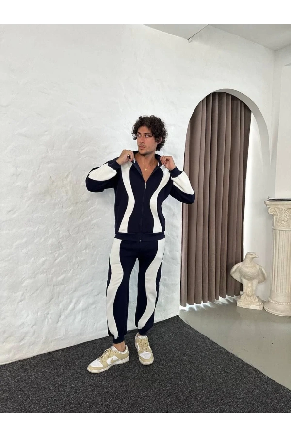 Erkek Premium Parçalı Eşofman Takım - Dik Yaka Fermuarlı Sweatshirt, - Siyah